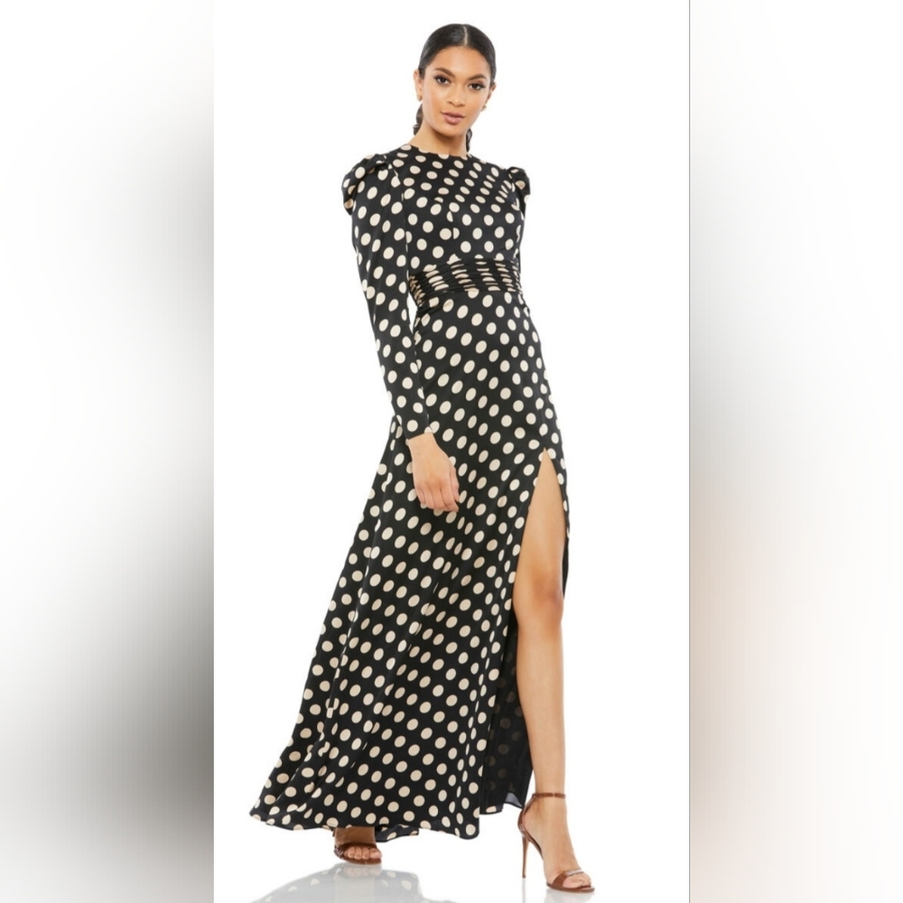 IEENA Mac Duggal Long Sleeve Puff Shoulder Polka Dot Gown 26572 Size 8 High Neck